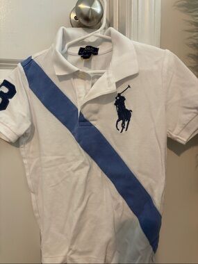 Ralph Lauren White Polo with Light Blue Diagonal Stripe